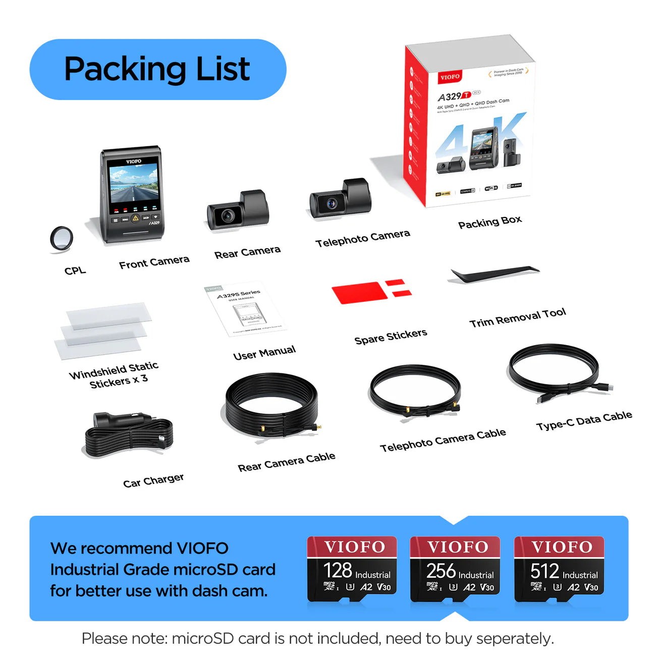 VIOFO A329T 3CH 4K - 3-Channel Dash Cam
