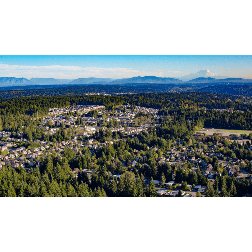 Mount Rainier in the background of suburban Bothell, Washington.