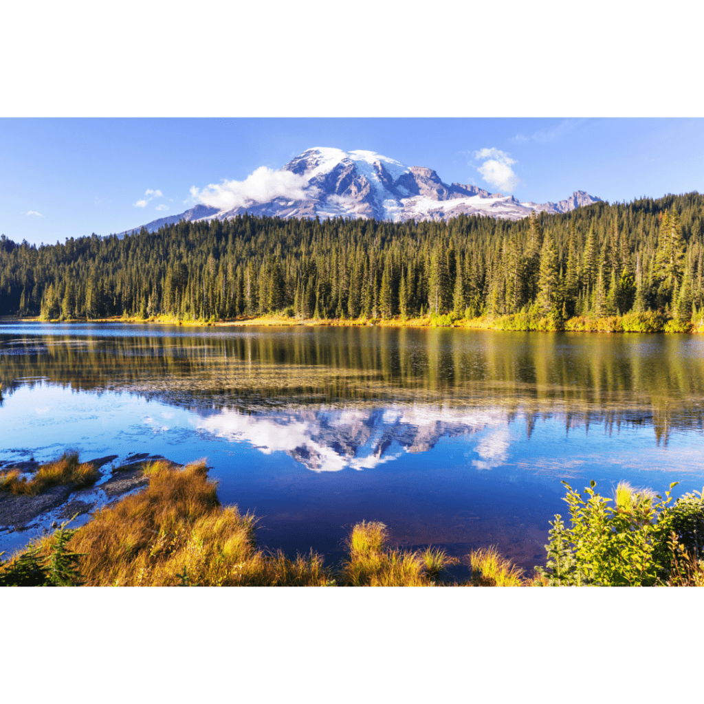 A lake with Mount Rainier in the background as seen from Auburn, Washington.