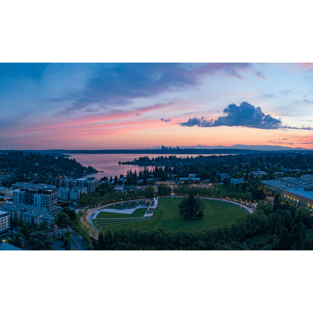 A view of Lake Washington over a park in Bellevue, Washington.