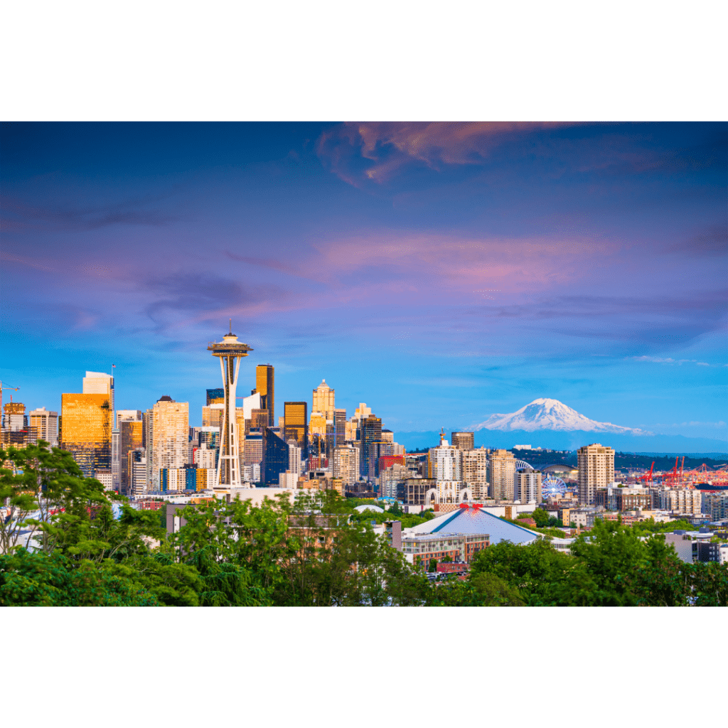 Downtown Seattle with Mount Rainier in the background.