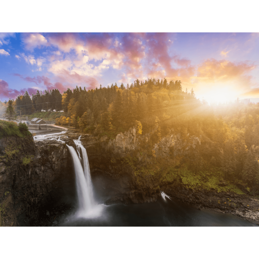 Waterfall at sunset in Woodinville, Washington.