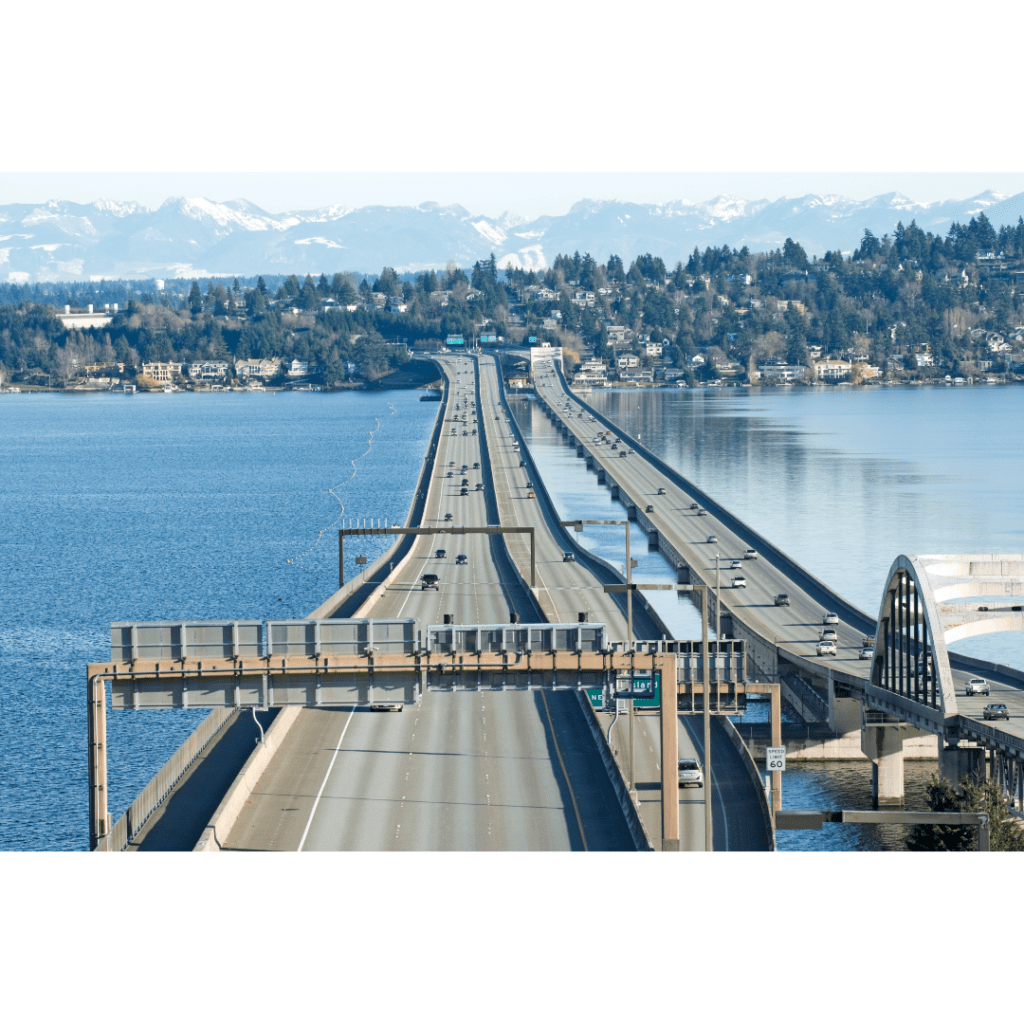 I-90 bridge over Lake Washington onto Mercer Island, Washington.