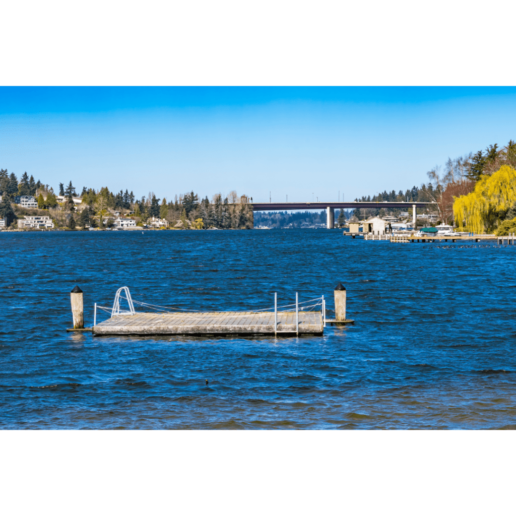 Floating boat dock on Lake Washington near Newcastle, Washington.